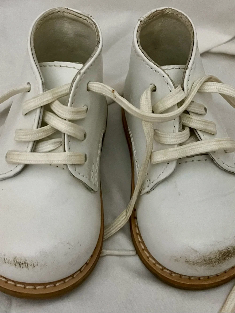 Baby White Leather Lace-Up Walker Shoes with Tan Sole